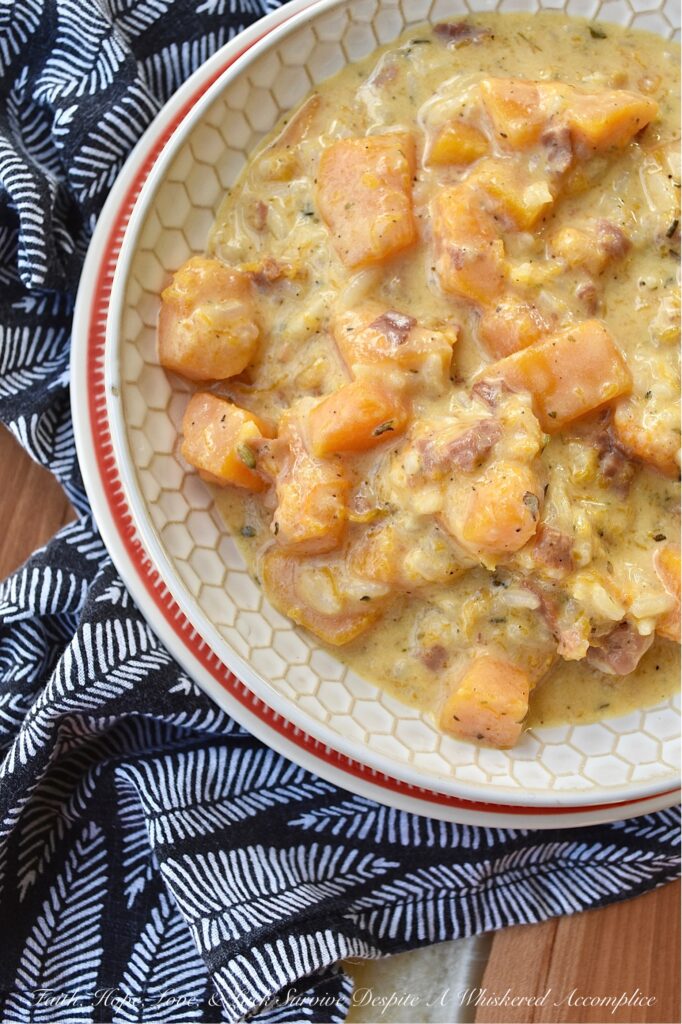 Creamy Prosciutto & Butternut Squash Rice Soup - This easy-to-make one-pot soup is a great option for a quick weeknight meal. Made with Herbes de Provence, diced butternut squash, and salty prosciutto, this soup is almost sure to please with its creamy, rich, decadent flavor. Serve this delicious soup with a crusty piece of bread for a warm, comforting, satisfying cold-weather meal.