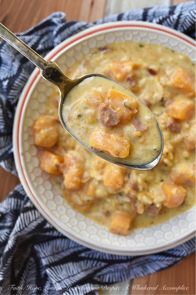 Creamy Prosciutto & Butternut Squash Rice Soup - This easy-to-make one-pot soup is a great option for a quick weeknight meal. Made with Herbes de Provence, diced butternut squash, and salty prosciutto, this soup is almost sure to please with its creamy, rich, decadent flavor. Serve this delicious soup with a crusty piece of bread for a warm, comforting, satisfying cold-weather meal.