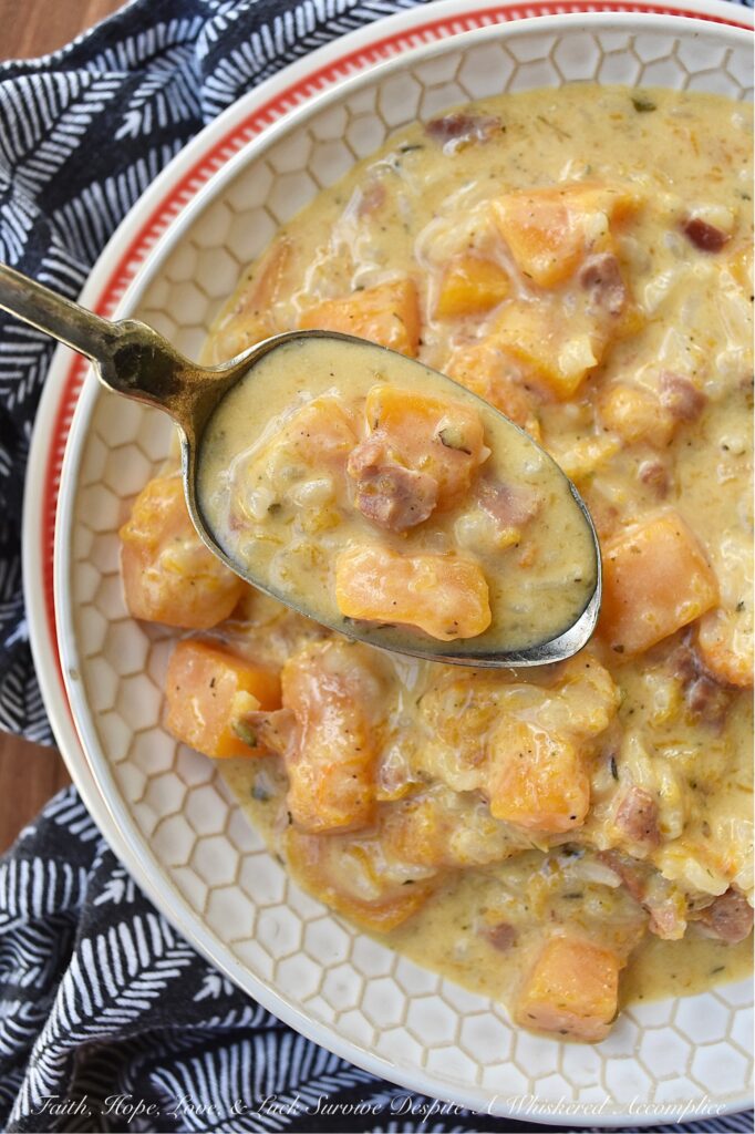Creamy Prosciutto & Butternut Squash Rice Soup - This easy-to-make one-pot soup is a great option for a quick weeknight meal. Made with Herbes de Provence, diced butternut squash, and salty prosciutto, this soup is almost sure to please with its creamy, rich, decadent flavor. Serve this delicious soup with a crusty piece of bread for a warm, comforting, satisfying cold-weather meal.