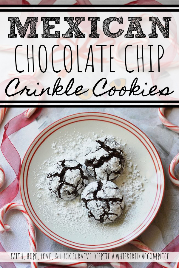 Mexican Chocolate Chip Crinkle Cookies - A hint of cinnamon and spice make these traditional Christmas chocolate chip crinkle cookies coated in powdered sugar a real holiday treat.