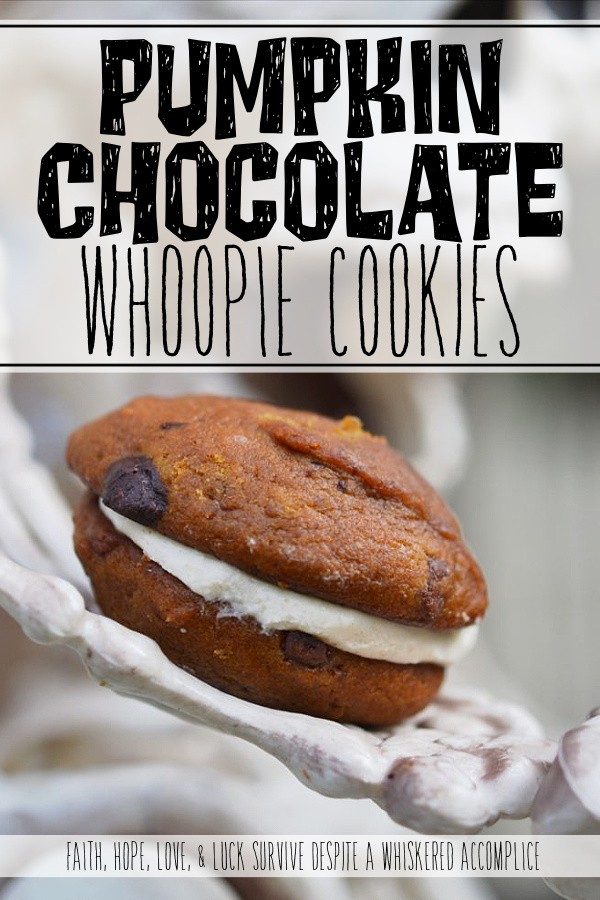 Pumpkin Chocolate Whoopie Cookies - Treat your little ghouls and goblins to these delicious pumpkin and chocolate cream cheese-filled whoopie pie cookies this Halloween season.