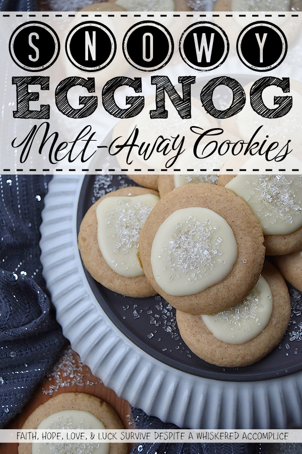Snowy Eggnog Melt-Away Cookies - One bite of these sweet buttery melt-in-your-mouth cookies, and you'll be transported to a winter wonderland. With their dusting of white sparkling sugar snow, simple eggnog and powdered sugar icing, and warm nutmeg and cinnamon spices, these Snowy Eggnog Melt-Away Cookies are the ideal treat for the chilly holiday season.