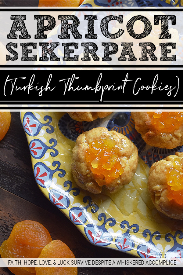 Apricot Sekerpare (Turkish Thumbprint Cookies) - These Turkish Sekerpare thumbprint cookies are like little biscuits with a nutty semolina texture. After being baked, the cookies are drenched, while still warm, in an apricot-infused syrup and then topped with finely candied Turkish apricots. They're sweet, crumbly, and absolutely divine.