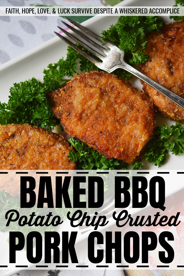 Baked BBQ Potato Chip Crusted Pork Chops - Flavorful baked pork chops are only a few simple ingredients away. Crushed BBQ potato chips, salt, pepper, paprika, and a little bit of olive oil are all you need to turn ordinary bland boneless pork chops into something unforgettable.