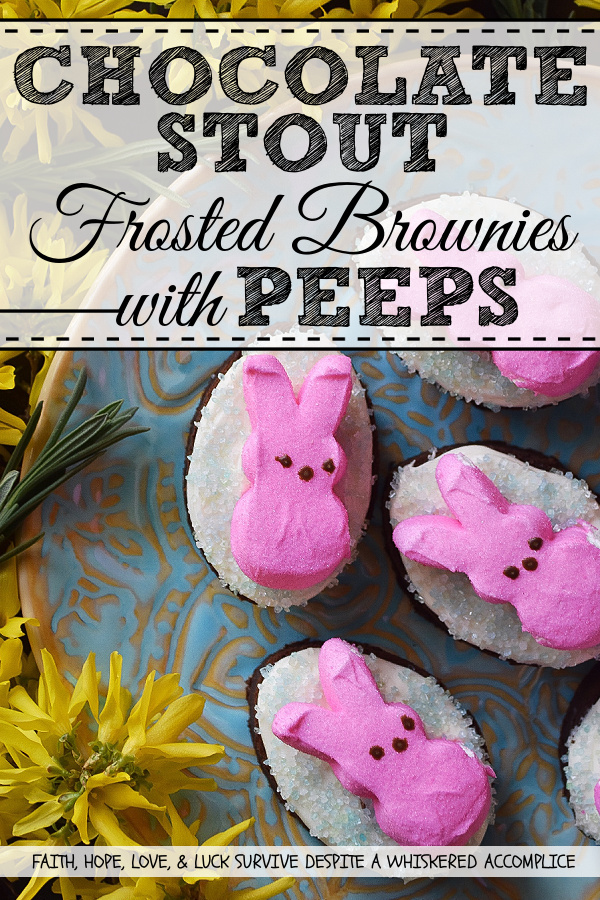 Chocolate Stout Frosted Brownies with PEEPS - Combine two holidays into one sweet festive treat with these Chocolate Stout Frosted Brownies with PEEPS. Use leftover St. Patrick's Day stout to make fudgy chocolate brownies, frost them with a simple cream cheese frosting, and then sprinkle them with colored sugar and garnish with sugary Easter PEEPS Marshmallow Bunnies. A perfect spring dessert that is sure to put a smile on your face.