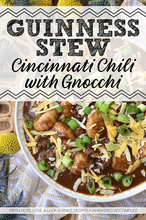 Guinness Stew Cincinnati Chili with Gnocchi - This hearty and flavorful one-pot stew and chili mash-up combines the bold flavors of Guinness stew and Cincinnati chili while taking things to the next level with the addition of potato gnocchi and a garnish of freshly shredded cheddar cheese and finely chopped scallions. Packed with spices and a perfect balance of sweetness and heat, this dish is sure to become a new favorite. And, since the gnocchi get even more soft and pillowy as the Guinness Stew Cincinnati Chili with Gnocchi rests overnight in the fridge, this is the perfect meal to make ahead and serve on a busy weeknight.