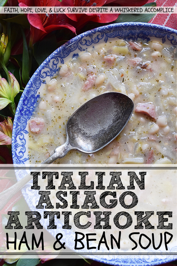 Italian Asiago Artichoke Ham & Bean Soup - Winter soups are great to make when you're starting to get the mid-winter blahs. Not only do they help raise the temperature in the kitchen, but they also help cheer you up with their comforting warmth and aroma. This particular winter soup uses dried beans, ham, jarred marinated artichoke hearts, and grated Asiago cheese, along with several other Italian herbs and spices. It's total comfort food.