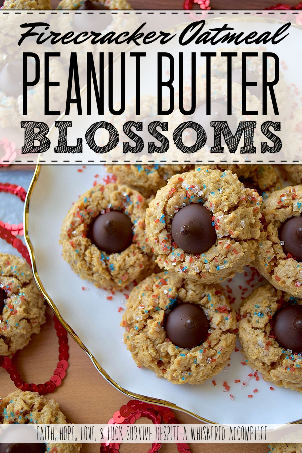 Firecracker Oatmeal Peanut Butter Blossoms - With their combination of creamy peanut butter and chocolatey Hershey's Kisses, these patriotic oatmeal peanut butter blossoms will almost surely cause a summer flavor explosion. These delightful blossom cookies are adorned with a festive and vibrant firecracker-inspired sprinkle of decorative red, white, and blue sugar, making them the perfect addition to any mid-summer celebration or 4th of July gathering.