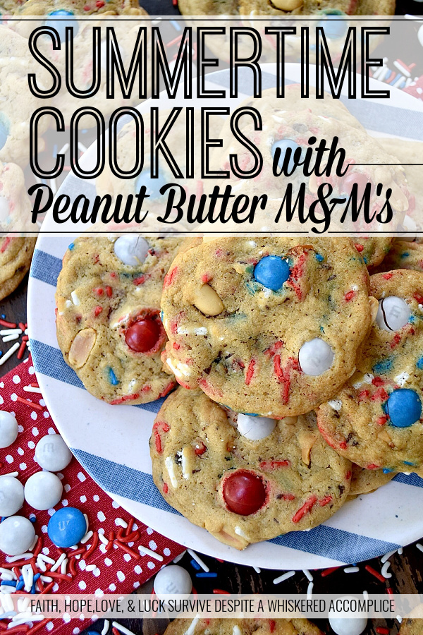 Summertime Cookies with Peanut Butter M&M's - Picture this, a soft and chewy brown sugar cookie, infused with the irresistible crunch of chunky salted cocktail peanuts and the colorful sweet burst of Peanut Butter M&M's. But wait, there's more. These cookies are just as colorful, festive, and enticing as they are delicious. With the addition of colorful summertime sprinkles, these attractively irresistible cookies are destined to become a real crowd-pleaser, whether served at your next barbecue, picnic, or summer vacation pool party.