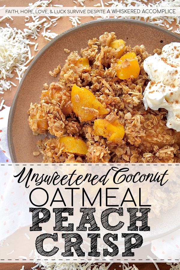 Unsweetened Coconut Oatmeal Peach Crisp - You just can't beat a warm, comforting, bubbly oatmeal peach crisp fresh out of the oven, especially if it's topped with a crunchy buttery topping made with quick-cooking oats, unsweetened shredded coconut, brown sugar, cinnamon, melted butter, and vanilla. And, since you can use either fresh or frozen peaches for this fruity dessert, this is one simple and easy recipe that you'll be able to enjoy year-round.
