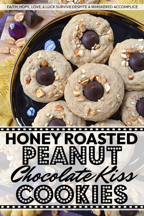 Honey Roasted Peanut Chocolate Kiss Cookies - This is a non-fussy, straightforward recipe, made with simple ingredients, that can most likely be found in your pantry. Chopped honey roasted peanuts and Hershey's Kisses give these soft and chewy brown sugar cookies a nutty, crunchy texture with a chocolatey decorative finish. This delightful cookie combo is sure to satisfy almost anyone's sweet tooth.
