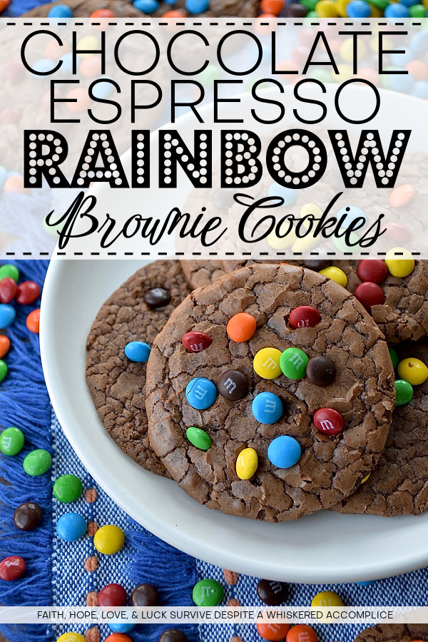 Chocolate Espresso Rainbow Brownie Cookies - Who says you have to choose between cookies and brownies when it’s time for dessert? These super-chocolatey cookies are thin, chewy, and oh-so-delicious, with a glossy, crackled finish that reminds you of your favorite brownies. A hint of espresso perfectly complements the rich chocolate cookie flavor, while vibrant Milk Chocolate M&M's Minis candies add a cheerful pop of rainbow color.