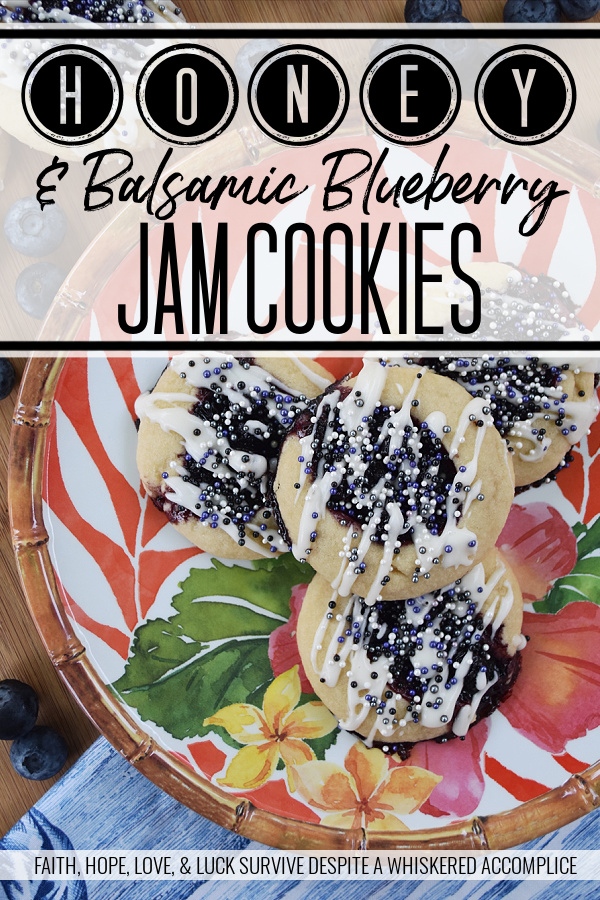 Honey & Balsamic Blueberry Jam Cookies - These buttery summer thumbprint cookies are filled with a slightly sweet homemade saucy honey & balsamic vinegar blueberry jam. After being baked to perfection, they are then lightly garnished with drizzle and a generous amount of sprinkles. These cookies are buttery, sweet, crumbly, and crunchy all at the same time, they're basically the perfect cookie.