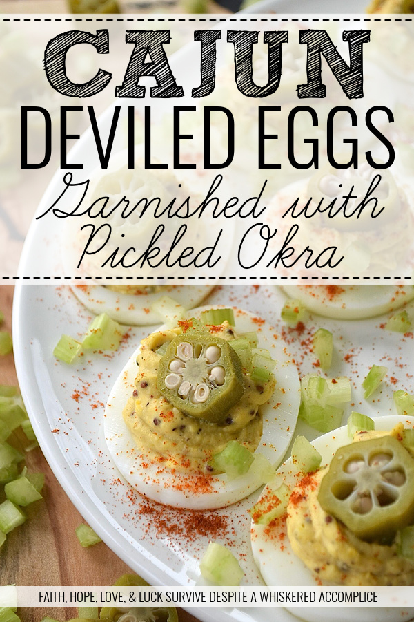 Cajun Deviled Eggs Garnished with Pickled Okra - These Cajun deviled eggs are anything but ordinary. Imagine a creamy, tangy deviled egg filling, kicked up a notch with the vibrant flavors of Cajun seasoning, whole-grain mustard, black pepper, and just a hint of onion powder. These little bites of heaven are then topped with a sprinkle of paprika, a touch of finely chopped celery, and a tangy slice of pickled okra for the ultimate Southern flair. Whether you're celebrating Mardi Gras or simply craving a bold and flavorful bite, these Cajun deviled eggs are sure to be a crowd-pleaser.