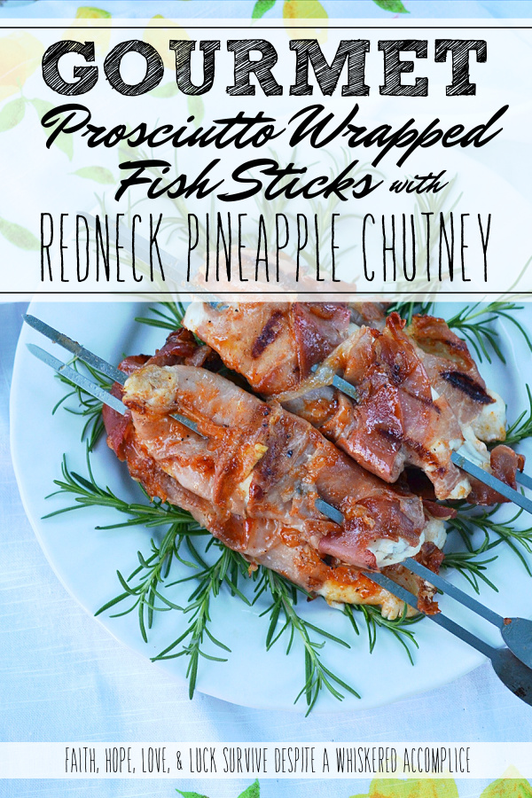 Gourmet Prosciutto Wrapped Fish Sticks with Redneck Pineapple Chutney - This recipe is a little bit gourmet and a little bit redneck. I'm not sure which one wins in the end, but it's safe to say that you're not gonna care. This grilled prosciutto-wrapped fish on a stick is super-tender and full of flavor thanks to the easy-to-make homemade chutney sauce it's brushed with. A few tablespoons of pineapple jam, jelly, or preserves, mixed with a bit of barbecue sauce, olive oil, and ground chipotle is all that is needed to create a simple, flavorful, and insanely tasty grilled fish meal that feels almost gourmet.
