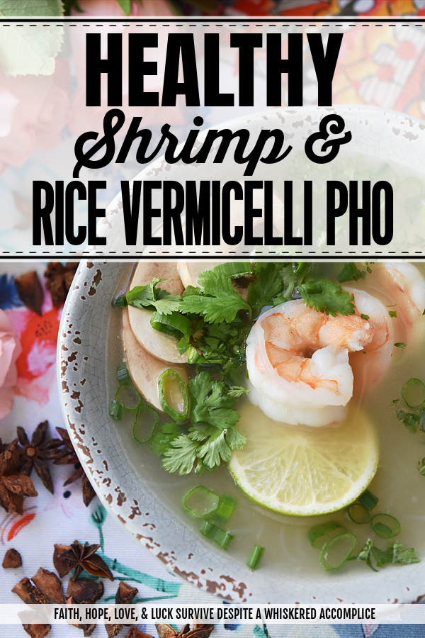 Healthy Shrimp & Rice Vermicelli Pho - Craving a warm and comforting bowl of Vietnamese pho but short on time? Delicate vermicelli noodles and succulent shrimp poach to perfection in a quick, yet deeply flavorful seasoned aromatic broth, that's both easy to make yet incredibly satisfying. Served with fresh cilantro, scallions, earthy mushrooms, and a squeeze of bright lime juice, this healthy soup is a refreshing and truly delightful guilt-free meal.