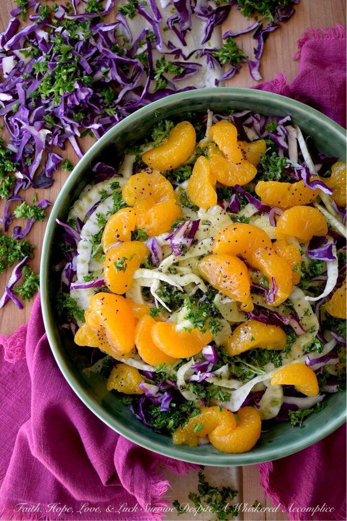 Mandarin Orange & Fennel Mardi Gras Slaw - Get ready to let the good times roll with this vibrant and delicious Mardi Gras-inspired slaw. Crisp purple cabbage, refreshing green fennel and parsley, and not-to-sweet golden mandarin oranges combine to create a visually stunning vegetable side dish with the iconic purple, green, and gold hues of Mardi Gras. Dressed with a simple yet delightful poppy seed dressing, this colorful slaw is the perfect side dish whether you're celebrating Mardi Gras or simply craving a healthy and delicious side dish any day of the year.