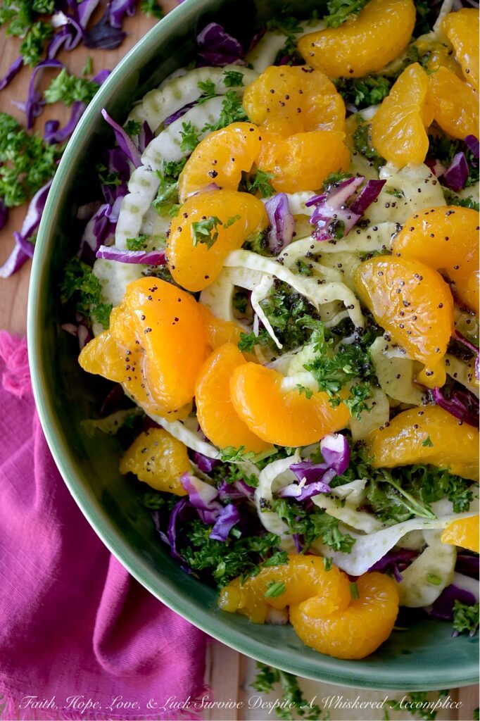 Mandarin Orange & Fennel Mardi Gras Slaw - Get ready to let the good times roll with this vibrant and delicious Mardi Gras-inspired slaw. Crisp purple cabbage, refreshing green fennel and parsley, and not-to-sweet golden mandarin oranges combine to create a visually stunning vegetable side dish with the iconic purple, green, and gold hues of Mardi Gras. Dressed with a simple yet delightful poppy seed dressing, this colorful slaw is the perfect side dish whether you're celebrating Mardi Gras or simply craving a healthy and delicious side dish any day of the year.