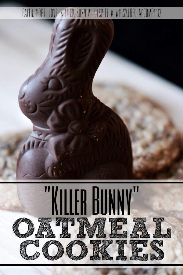 "Killer Bunny" Oatmeal Cookies - Do you dream of warm, gooey cookies fresh from the oven but cringe at the cost of premium chocolate chips? There's a secret weapon hiding in plain sight, especially right after Easter. Discounted high-quality chocolate bunnies, commonly found in your local store's clearance section, are easy to chop into small chocolate chunks for use in your favorite cookie recipes. These "Killer Bunny" Oatmeal Cookies are a chocolatey, chewy, budget-friendly sweet treat that will have everyone hopping for joy.