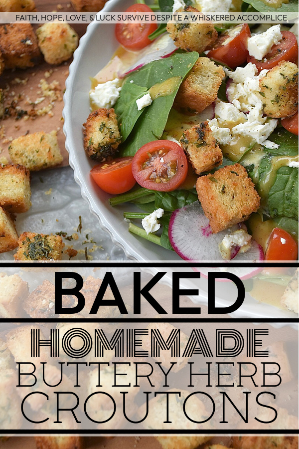 Baked Homemade Buttery Herb Croutons - Tired of the same old salads? These incredibly delicious, homemade baked croutons are buttery and flavorful while adding the perfect crunch to almost any salad. After being cubed and tossed with an herb-infused savory butter mixture, white sandwich bread is baked to golden brown crunchy toasted crouton perfection. With these irresistible homemade croutons, you'll discover there's no such thing as a boring salad.