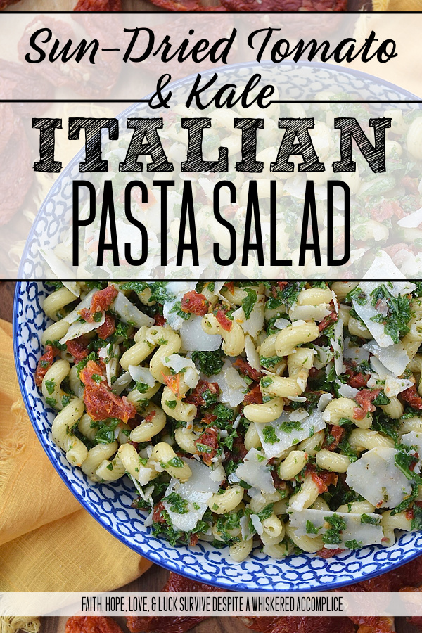 Sun-Dried Tomato & Kale Italian Pasta Salad - Don't let the kale in this homemade pasta salad scare you off. Its subtle, earthy flavor blends seamlessly into the salad while adding a pop of vibrant green color and a nutritional boost, which, in this simple salad, transforms the often-overlooked and disliked leafy green into a surprisingly delicious star ingredient. This vibrant and flavorful side dish features perfectly cooked spiral pasta tossed in a zesty Italian herb dressing, along with the addition of nutty parmesan cheese and the intense sweet flavor of sun-dried tomatoes. It's a guaranteed healthy crowd-pleaser, perfect for potlucks, picnics, or even as a weeknight meal.