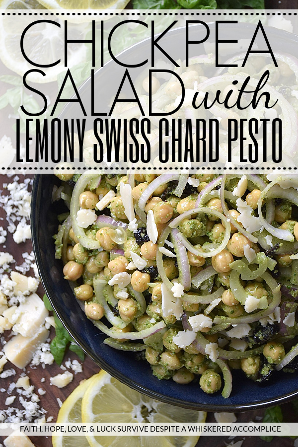 Chickpea Salad with Lemony Swiss Chard Pesto - If you're looking for a vibrant and flavorful side dish that is both easy to prepare and delicious, try this chickpea, red onion, and dried cherry salad. It's tossed in a bright, lemony pesto made with Swiss chard, salty parmesan cheese, lemon zest, and crunchy roasted pepitas. The best part? This recipe is incredibly versatile. You can easily swap out ingredients based on your preferences or what you have on hand. For example, you can use basil or spinach instead of Swiss chard, replace the pepitas with toasted pine nuts or walnuts, or substitute your favorite dried fruit for the cherries.