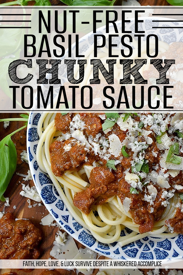 Nut-Free Basil Pesto Chunky Tomato Sauce - Forget bland, store-bought sauces. This recipe features the robust texture of canned petite diced tomatoes, slow-simmered to create a rich and hearty base. The secret ingredient? A bright and aromatic nut-free basil pesto, made with roasted salted pepitas for a unique, allergy-friendly, and satisfying twist on the classic. Perfect over a bed of pasta, draped over roasted vegetables, or as a vibrant base for your next homemade pizza, this meatless tomato sauce is packed with flavor and perfect for everyone at the table.