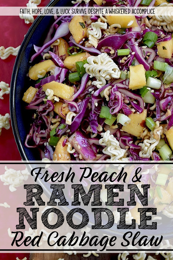 Fresh Peach & Ramen Noodle Red Cabbage Slaw - This vibrant slaw marries the satisfying crunch of crisp red cabbage with the mellow sweetness of juicy, ripe peaches. An unexpectedly perfect match. Fresh chopped scallions and aromatic basil add a pop of color and flavor, while an easy-to-make soy dressing ties everything together. But the real game-changer? The generous addition of toasted sesame seeds and crispy ramen noodles ensures that each bite delivers an irresistible burst of crunchy texture. Light, flavorful, and incredibly refreshing, this side dish is exactly what your hot summer day has been craving.