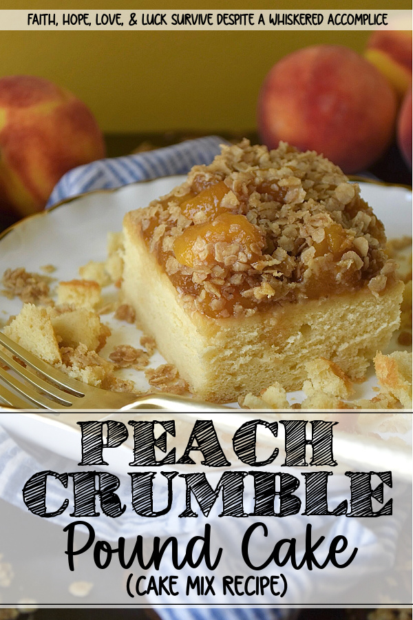 Peach Crumble Pound Cake (Cake Mix Recipe) - Say goodbye to complicated baking. This dreamy, moist pound cake is surprisingly simple to make with the help of a butter recipe yellow cake mix. Topped with luscious layers of a sweet brown sugar balsamic peach sauce and a delightful, crunchy oatmeal crumble, this peach crumble pound cake is the perfect peach recipe, whether you're using fresh, in-season peaches or enjoying a taste of summer with frozen ones. Designed to suit your needs, this cake can be baked as either two 8 x 8 square cakes or one large 9 x 13 rectangle. Whether you're hosting a backyard barbecue, attending a potluck, or looking for an irresistible, delicious fruity breakfast treat, this peach pound cake is guaranteed to be a crowd-pleaser for any occasion.
