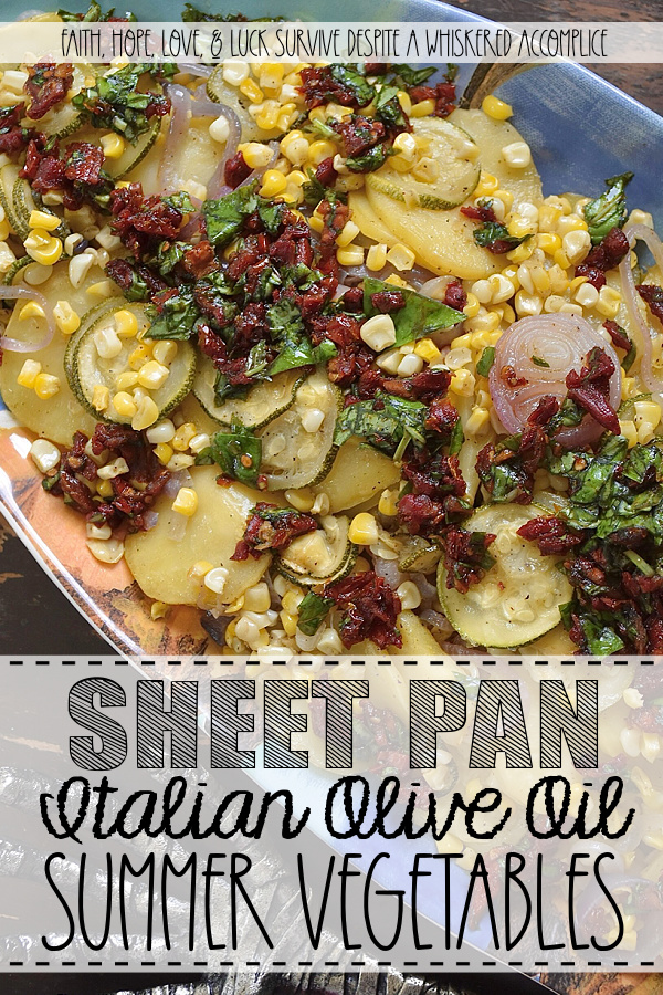 Sheet Pan Italian Olive Oil Summer Vegetables - Imagine thinly sliced potatoes, sweet onions, and tender zucchini mingling with bright corn kernels, all lightly coated with olive oil, salt, and pepper, then baked to tender, moist perfection. Once slightly cooled, these fresh summer vegetables are topped with a delicious Italian-inspired dressing made of bright olive oil, tangy balsamic vinegar, savory sun-dried tomatoes, and fragrant fresh basil. This healthy sheet pan bake demonstrates how simple ingredients, when thoughtfully combined, can create big, memorable flavors and an elegant presentation that will leave everyone eager to dig in.