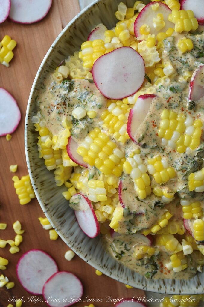 Fresh Basil Honey Mustard Radish & Corn Salad - When you combine fresh basil and honey mustard with sweet, juicy corn cut straight from the cob and crisp, thinly sliced radishes that have a nice peppery kick, you end up with a radish and corn salad that’s absolutely bursting with sweet and savory flavor. This summer side dish strikes a perfect balance of sweetness and tang, all while featuring the bright, refreshing taste of summer basil. With its herby creaminess and delightful crunch, this salad is sure to become a go-to favorite for almost any summer meal.