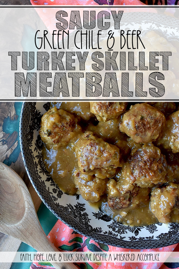 Saucy Green Chile & Beer Turkey Skillet Meatballs - Get ready to spice up your dinner routine with our Saucy Green Chile & Beer Skillet Meatballs. Tender ground turkey is gently mixed with a combination of flavorful taco seasoning, grated sweet yellow onion, a touch of cheddar cheese, and a generous helping of either fresh cilantro or fresh parsley. An egg and panko bread crumbs are also added to help bring everything together. After being browned to perfection, these savory turkey meatballs are then simmered in a unique and utterly delicious sauce combining beer and zesty green chile enchilada sauce. Served over rice, pasta, or mashed potatoes, these comforting, saucy stove-top skillet meatballs promise a family-friendly meal that is as easy to prepare as it is to enjoy.