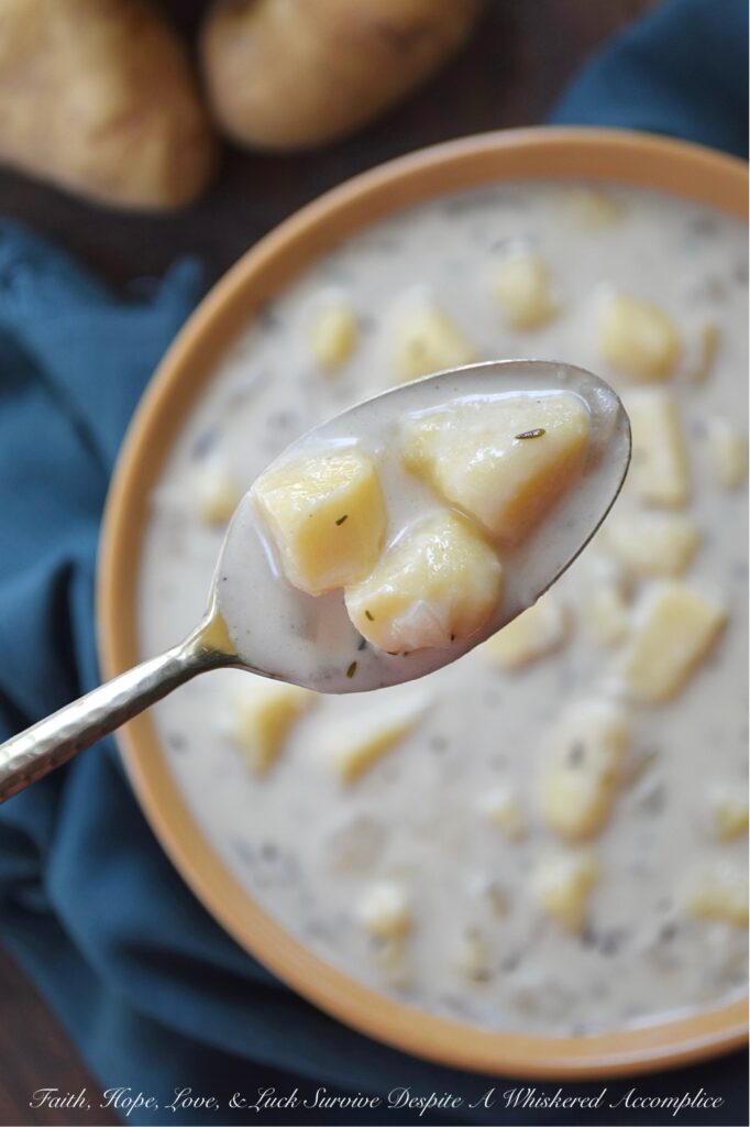 Budget-Friendly Chunky Potato Soup with Thyme - We all love the convenience of a store-bought rotisserie chicken for a quick weeknight dinner, but what if I told you that the best part of the rotisserie chicken is the part that you’ve been throwing away? The next time you buy a rotisserie chicken, instead of tossing out the leftover bones, place them in a large pot, cover them with cold water, and allow them to simmer for about an hour on your stovetop. You'll end up with a homemade broth that's richer and more flavorful than anything you can pour from a carton. And, by using this simple, homemade chicken broth to make this chunky potato soup with thyme, you'll see that you don't need to spend a lot to make amazing food with just a few basic ingredients.