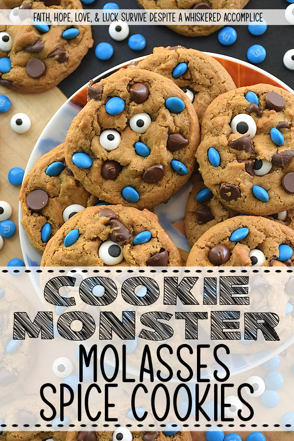 Cookie Monster Molasses Spice Cookies - What’s blue, adorable, and disappears from the cookie jar in seconds? These Cookie Monster Molasses Spice Cookies. Loaded with gooey semi-sweet chocolate chips and brought to life with a pair of silly edible candy eyeballs and blue M&M's Minis, these soft, chewy, super-chocolatey molasses spice chocolate chip cookies are ridiculously fun to decorate and even more fun to eat. They're part delicious, part adorable, and 100% guaranteed to be devoured by your own little monsters.