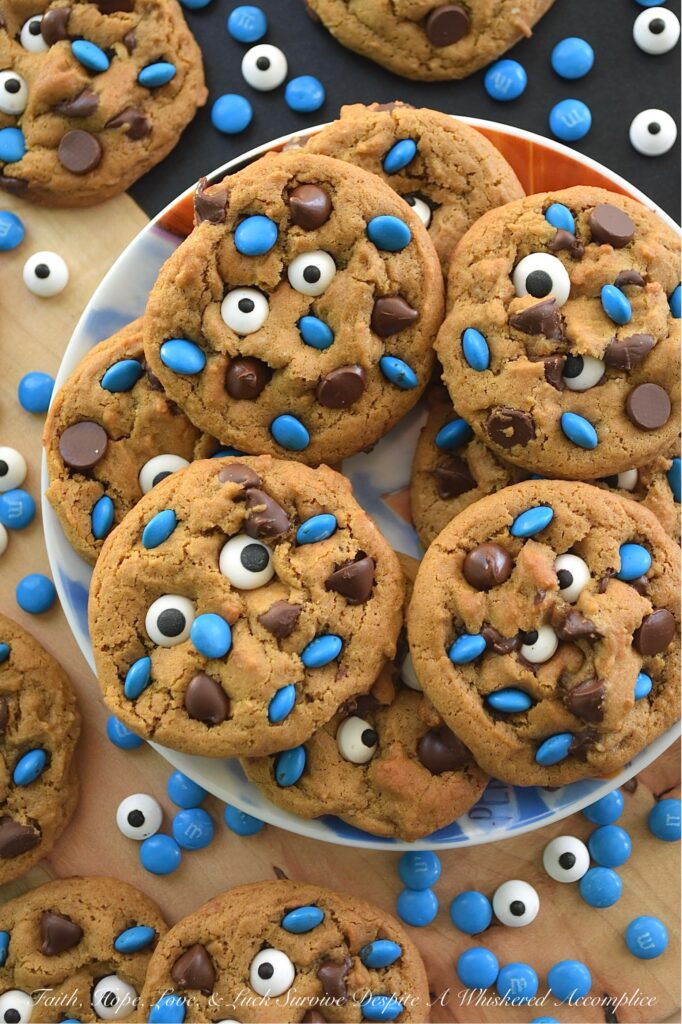 Cookie Monster Molasses Spice Cookies - What’s blue, adorable, and disappears from the cookie jar in seconds? These Cookie Monster Molasses Spice Cookies. Loaded with gooey semi-sweet chocolate chips and brought to life with a pair of silly edible candy eyeballs and blue M&M's Minis, these soft, chewy, super-chocolatey molasses spice chocolate chip cookies are ridiculously fun to decorate and even more fun to eat. They're part delicious, part adorable, and 100% guaranteed to be devoured by your own little monsters.