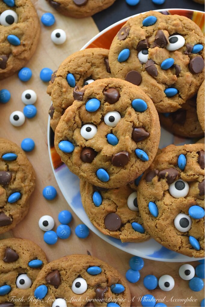 Cookie Monster Molasses Spice Cookies - What’s blue, adorable, and disappears from the cookie jar in seconds? These Cookie Monster Molasses Spice Cookies. Loaded with gooey semi-sweet chocolate chips and brought to life with a pair of silly edible candy eyeballs and blue M&M's Minis, these soft, chewy, super-chocolatey molasses spice chocolate chip cookies are ridiculously fun to decorate and even more fun to eat. They're part delicious, part adorable, and 100% guaranteed to be devoured by your own little monsters.