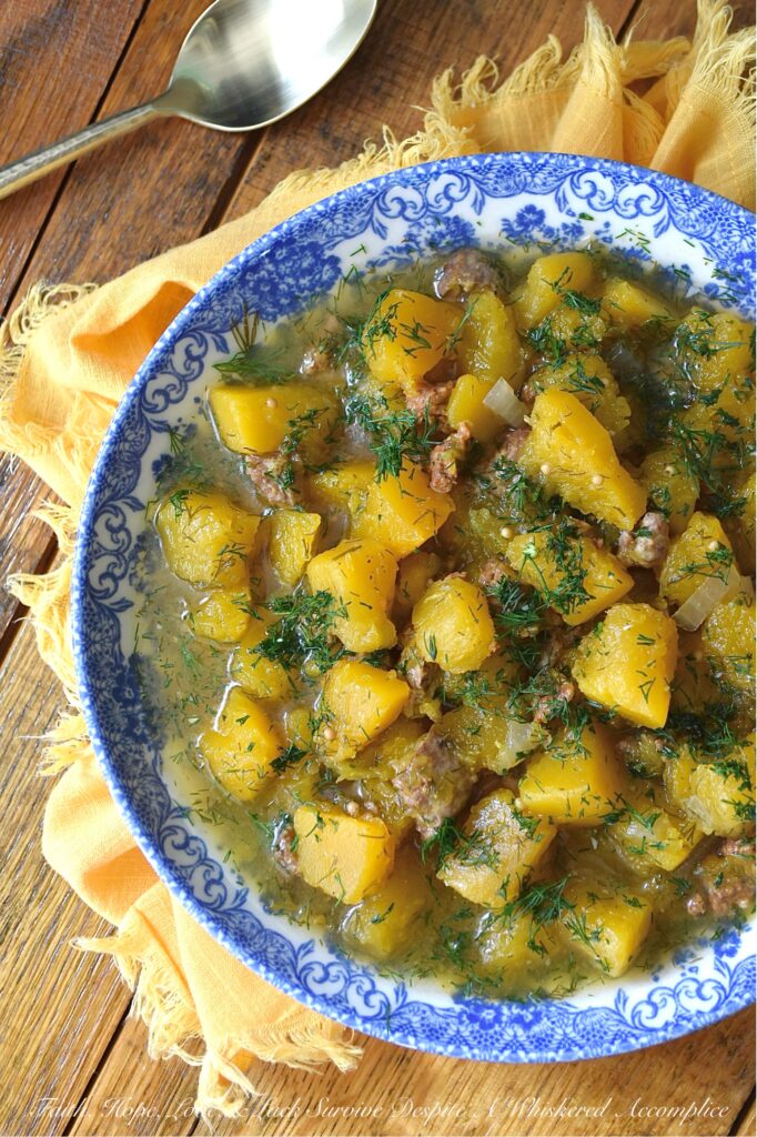 Crockpot Sausage & Dill Butternut Squash Soup - Imagine coming home to the incredible aroma of earthy butternut squash, savory sausage, and fresh dill mingling in your slow cooker. This crockpot recipe combines the tenderness of butternut squash with the salty richness of a whole pound of your favorite browned sausage. This slow-cooked soup also features a generous amount of fresh dill and the surprising addition of dill pickle juice, which helps cut through the richness of the sausage and helps to make every single bite pop. It's bold, it's easy, and you can dress this soup up with shredded Cheddar, grated Parmesan, or a little bit of heavy cream for even more flavor.