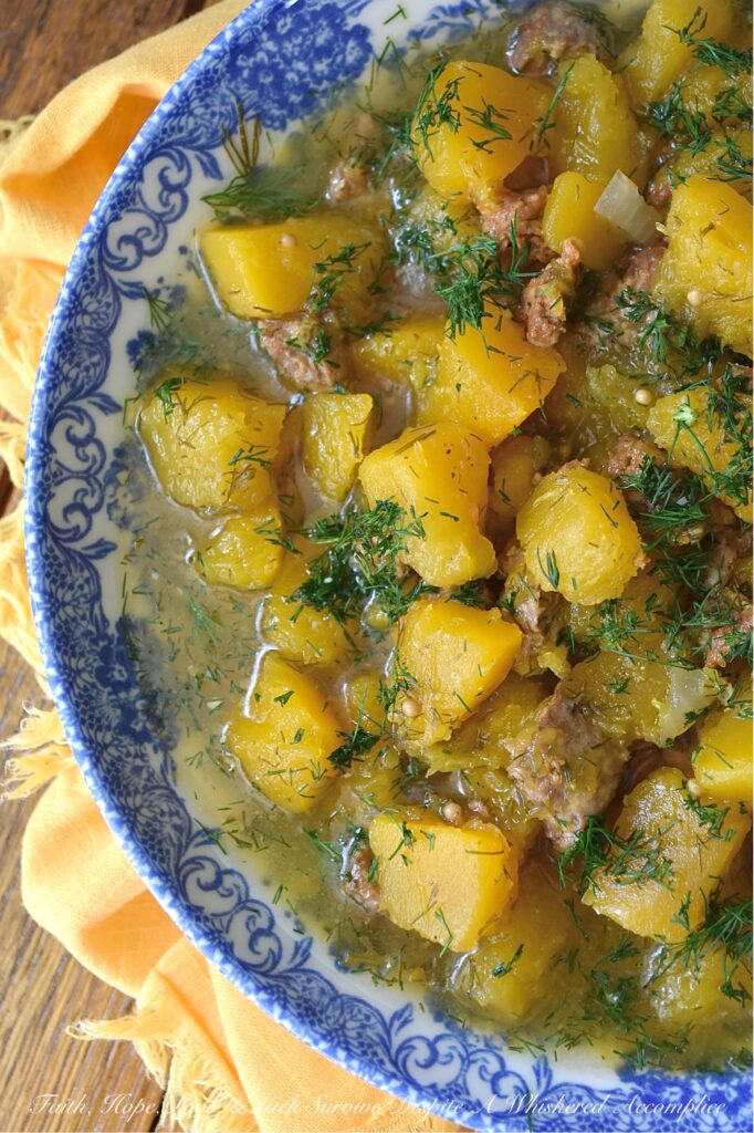 Crockpot Sausage & Dill Butternut Squash Soup - Imagine coming home to the incredible aroma of earthy butternut squash, savory sausage, and fresh dill mingling in your slow cooker. This crockpot recipe combines the tenderness of butternut squash with the salty richness of a whole pound of your favorite browned sausage. This slow-cooked soup also features a generous amount of fresh dill and the surprising addition of dill pickle juice, which helps cut through the richness of the sausage and helps to make every single bite pop. It's bold, it's easy, and you can dress this soup up with shredded Cheddar, grated Parmesan, or a little bit of heavy cream for even more flavor.