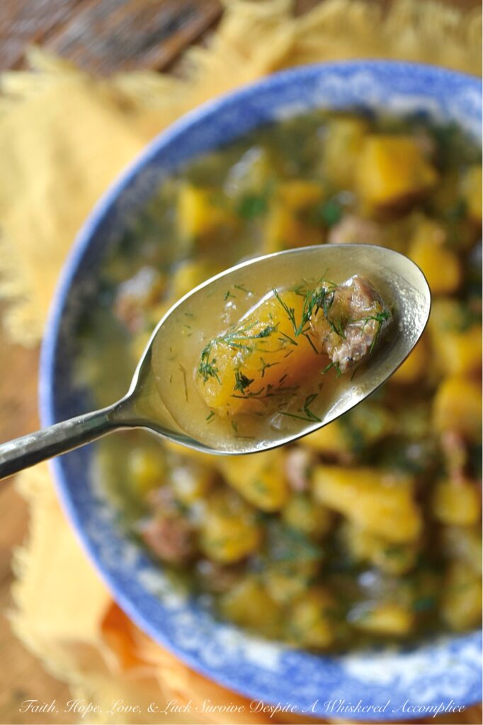 Crockpot Sausage & Dill Butternut Squash Soup - Imagine coming home to the incredible aroma of earthy butternut squash, savory sausage, and fresh dill mingling in your slow cooker. This crockpot recipe combines the tenderness of butternut squash with the salty richness of a whole pound of your favorite browned sausage. This slow-cooked soup also features a generous amount of fresh dill and the surprising addition of dill pickle juice, which helps cut through the richness of the sausage and helps to make every single bite pop. It's bold, it's easy, and you can dress this soup up with shredded Cheddar, grated Parmesan, or a little bit of heavy cream for even more flavor.