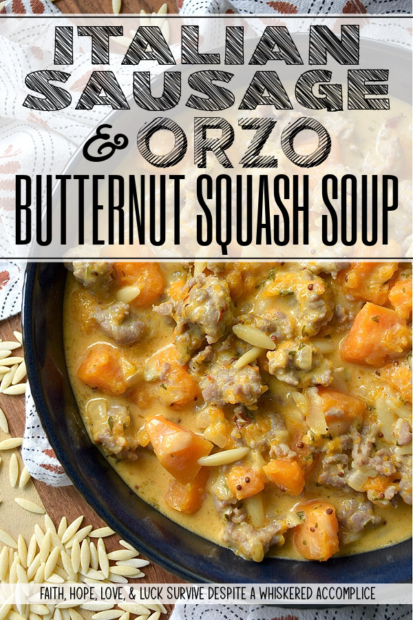 Italian Sausage & Orzo Butternut Squash Soup - There's a special kind of disappointment that comes from finishing a beautiful bowl of soup, only to find your stomach rumbling an hour later. With this flavor-packed, chunky butternut squash soup, we can almost guarantee that your stomach will be satisfied for hours. Sweet Italian sausage and just a bit of orzo pasta transform this seasonal butternut squash soup into a hearty and filling one-pot recipe that's the ultimate answer to "What's for Dinner?" on a cold fall or winter's day. Forget thin broths and simple purées; finished with a generous cup of heavy cream, this rich, flavorful, and unbelievably cozy pot of soup is one you'll come back to all season long.