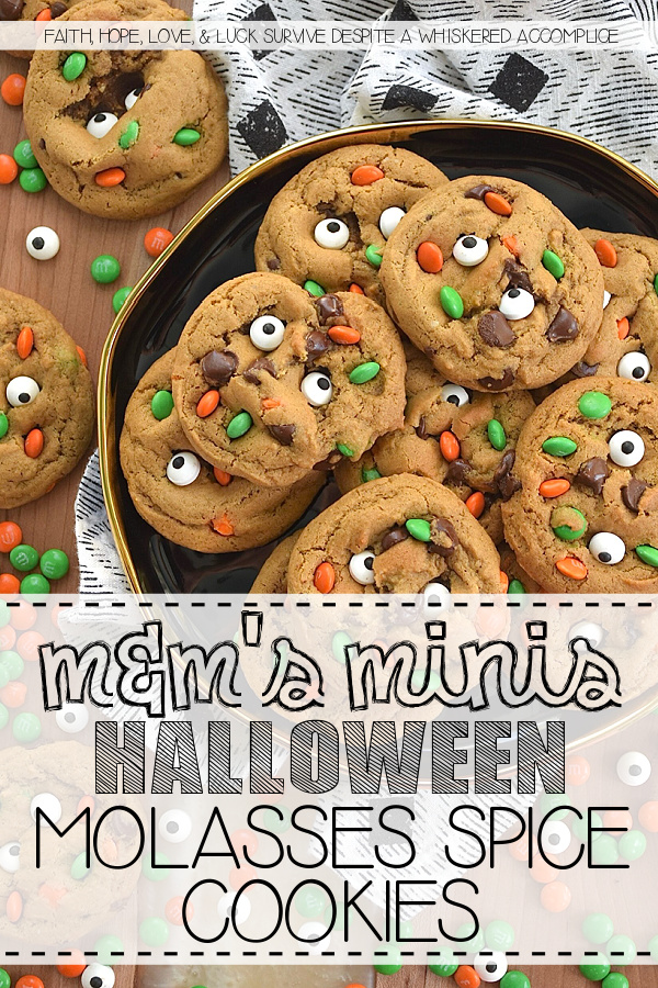 M&M's Minis Halloween Molasses Spice Cookies - These classic, irresistibly chewy molasses spice cookies are getting a delightfully spooky-cute makeover this Halloween season. They’re everything you love about fall. Rich, deeply spiced, and perfectly soft, but with a mischievous, whimsical festive holiday twist. Chocolate chips peeking out from the dough, candy eyeballs staring back at you like they’re up to no good, and a handful of Milk Chocolate M&M’s Minis for a pop of seasonal color and crunch. These cookies are ready to haunt your cookie jar in the best possible way.