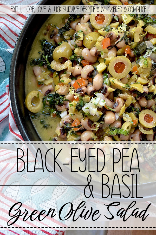 Black-Eyed Pea & Basil Green Olive Salad - Let's be honest. Black-eyed peas by themselves are pretty plain and don’t have much flavor, despite their reputation for bringing good luck. But when you mix them with chopped pimento-stuffed green olives, plenty of fresh basil, and a tangy lemon, mustard, and honey dressing, they become something truly special. This black-eyed pea salad is just begging to be the star at your next party, gathering, or New Year’s Day celebration. Whether you pile it high on triangle-sliced pita, scoop it up with crunchy tortilla chips, or simply eat it straight from the bowl as a side dish, this green olive salad is sure to be a hit.