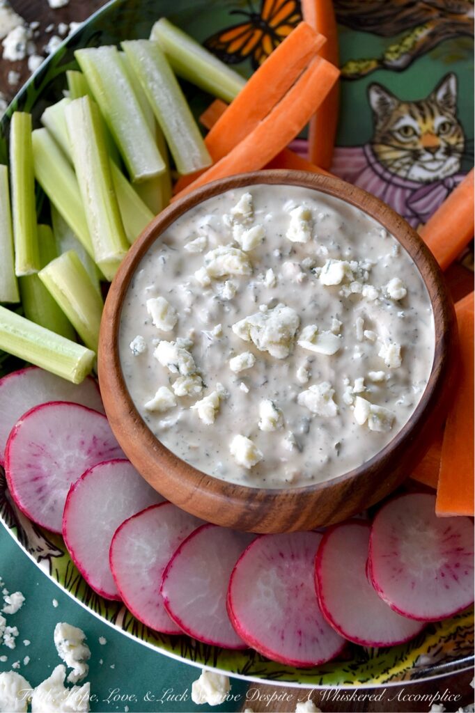 Small-Batch Blue Cheese Dip with Dried Herbs - You either love blue cheese or you don't. And often, for those who do love a rich and creamy dip featuring blue cheese, the store-bought varieties are often sized for a party of twenty, not just a craving or two. With this small-batch recipe, featuring dried herbs for added flavor, you can get your blue cheese fix without any of it going to waste. Whether you’re dipping crunchy carrot sticks, radishes, celery, or broccoli, or using this dip as a condiment for chicken tenders, buffalo wings, or even sneaking a scoop with a handful of chips or pretzels, this dip is here for all your blue cheese moments.