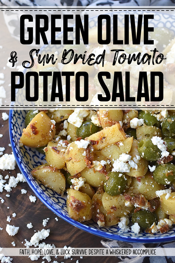 Green Olive & Sun Dried Tomato Potato Salad - Mayonnaise-based potato salads don't always fare well in the sweltering heat of a humid afternoon, so this summer, we’re ditching the mayo in favor of something much brighter, bolder, and infinitely more delicious. This Italian-inspired potato salad with whole pitted green olives and feta cheese is easy to make, holds up perfectly at a barbecue or picnic, and packs a rather serious flavor punch. By infusing olive oil with sun-dried tomatoes, dried herbs, and seasonings, this dressing transforms tender, boiled baby yellow potatoes into a side dish that will have everyone reaching for seconds.