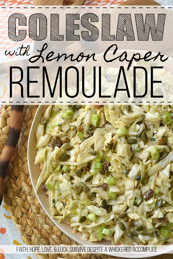 Coleslaw with Lemon Caper Remoulade - This green cabbage coleslaw is everything a summer salad should be. Crisp, refreshing, and unapologetically bold. Featuring a citrusy remoulade sauce with just enough heat to keep things interesting, this slaw hits every note. With the perfect balance of briney capers, sweet golden raisins, and roasted, salted pepitas, this isn't just a side dish; it's the star of the table.