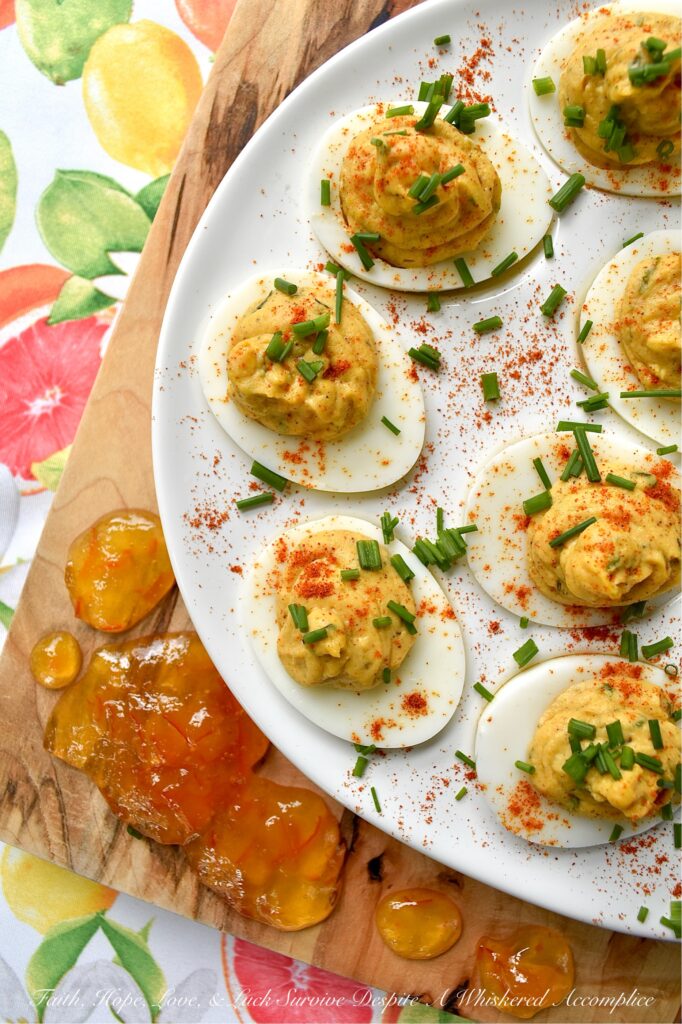 Jerk Seasoned Caribbean Marmalade Deviled Eggs - These jerk-seasoned deviled eggs pack a serious island punch, blending the smoky heat of homemade jerk seasoning with the unexpected, bright, and bitter sweetness of orange marmalade. They’re creamy, deeply spiced, and just plain ol' gorgeous on a deviled egg platter. Topped with a vibrant pop of fresh chives and a dusting of paprika, these Caribbean beauties bring a taste of the islands directly to your kitchen table with no plane ticket required.