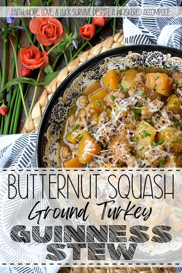 Butternut Squash Ground Turkey Guinness Stew - Swapping out traditional beef for lean ground turkey and root vegetables for tender butternut squash, this recipe gives you all the rich, deep flavors of a classic Guinness stew without the guilt. Infused with stout and generously seasoned with Italian herb seasoning mix, this savory bowl of goodness is hearty enough for a chilly autumn evening, yet light enough to enjoy year-round.