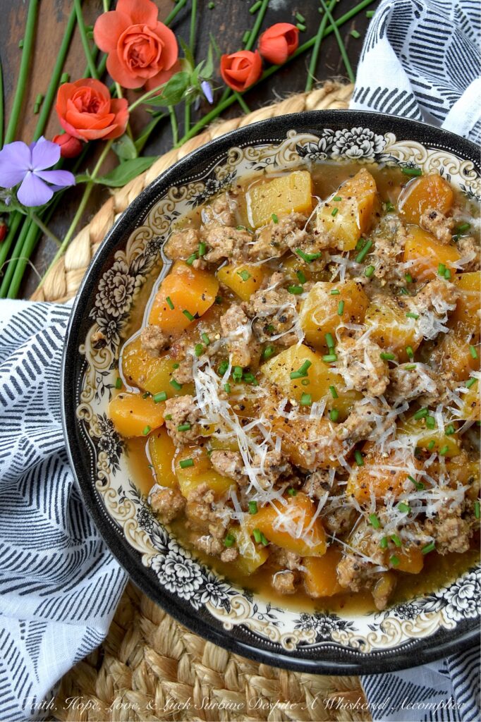 Butternut Squash Ground Turkey Guinness Stew - Swapping out traditional beef for lean ground turkey and root vegetables for tender butternut squash, this recipe gives you all the rich, deep flavors of a classic Guinness stew without the guilt. Infused with stout and generously seasoned with Italian herb seasoning mix, this savory bowl of goodness is hearty enough for a chilly autumn evening, yet light enough to enjoy year-round.