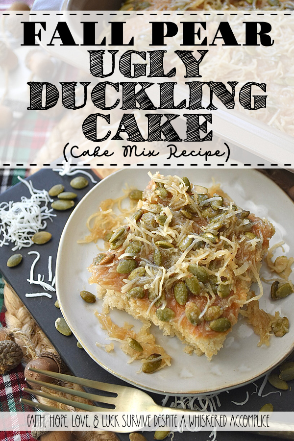 Fall Pear Ugly Duckling Cake (Cake Mix Recipe) - Don’t let the quirky name fool you. This simple, fall-inspired rustic “ugly duckling cake” bakes up into a sweet, buttery, incredibly moist, unforgettable cake. Infused with cozy fall flavors like pear and warm cinnamon, plus a delightful crunch from unsweetened shredded coconut and roasted salted pepitas or pumpkin seeds, this amped-up cake mix recipe is about to become your new favorite autumn obsession. Who knew a can of pears and a box of store-bought cake mix could become something almost magical?