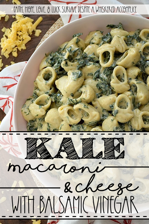 Kale Macaroni & Cheese with Balsamic Vinegar - This veggie-packed macaroni and cheese has everything you love about a rich, creamy stovetop mac, plus fresh kale for a healthy kick and added texture. With just the right amount of gooey sharp cheddar and whole milk, this cozy pasta is super creamy without being overly rich. A slightly spicy yet tangy mix of hot sauce and balsamic vinegar stirred in before serving gives this cheesy side dish a sweet, spicy, tangy, delightfully unexpected, and dangerously easy-to-make flavor.